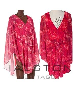 Halston Heritage Red Print Chiffon Cape Overlap Mini Dress (M)
